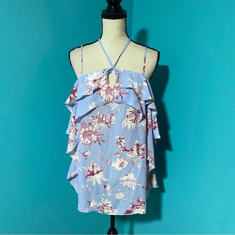 NWT A.N.A L Blue Pink Floral Print Cold Shoulder Ruffle Tie Neck Blouse Top